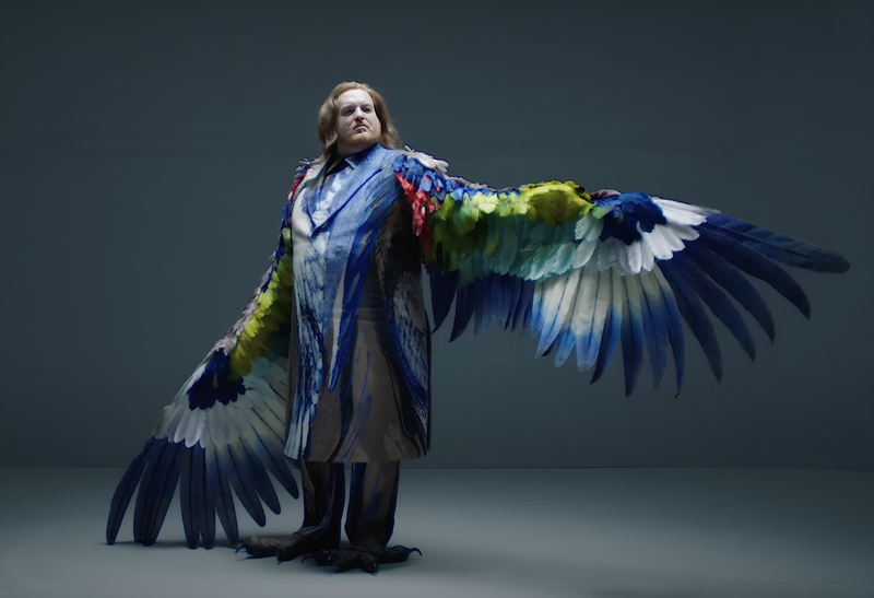 photo of man in costume with large colorful wings