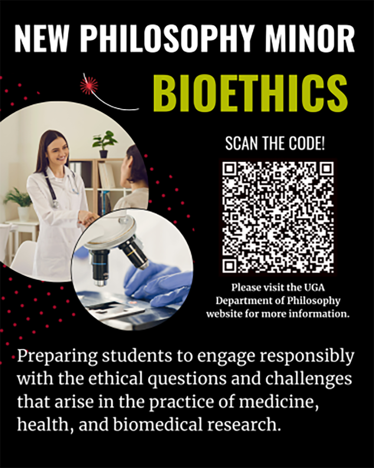 graphic with white text on black, QR code, photo