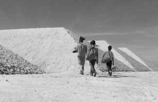 three people walking away from the camera