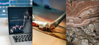 collage of three photos _ computer screen, paint brush, layer striations,