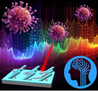 graphic illustration with virus molecules, waves graph and human head profile 