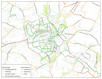 map graphic, with lines and streets highlighted in colors