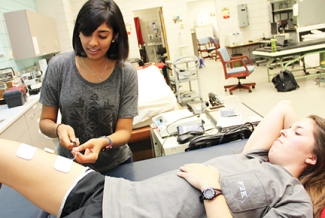 Photo one woman treating another in a lab