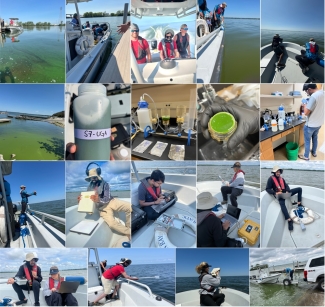 grid of 17 photos, with boats, water, research tools, people