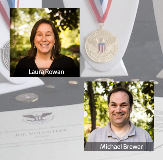 graphic with two headshot photos, medals, in diagonal corners