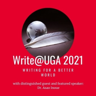 graphic with quill pen and globe on red with white text