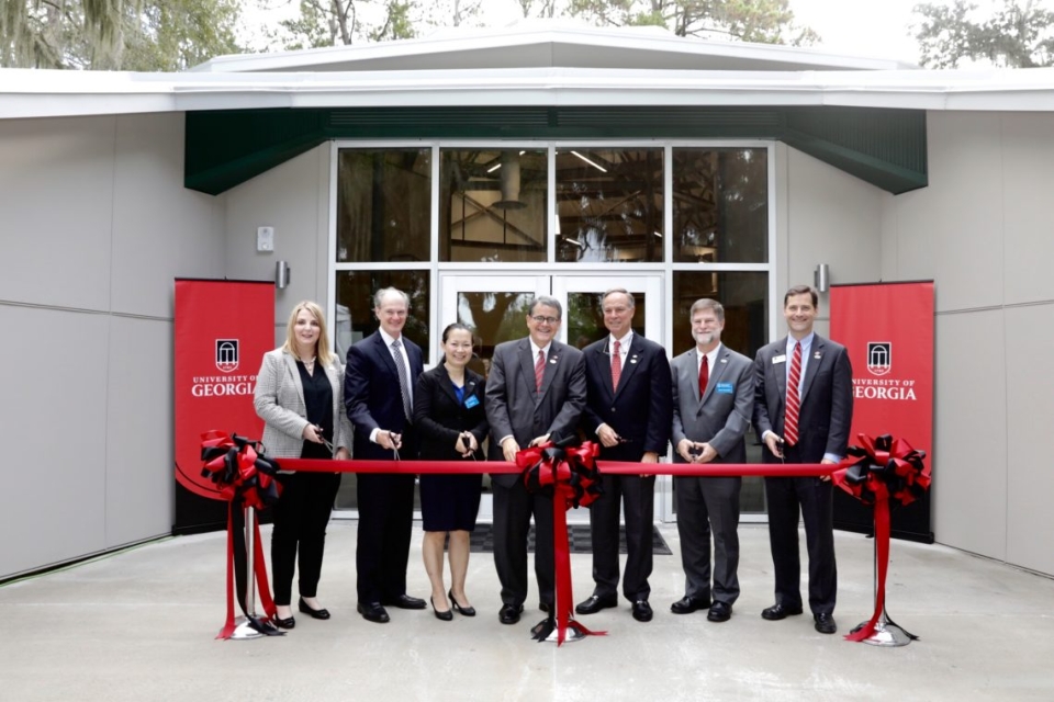 Cutting the ribbon at the dedication were, from left, Jennifer Frum, vice president of public service and outreach; Alan Dorsey, dean of the Franklin College of Arts and Sciences; Kun Ma, UGA and Skidaway Institute graduate student; President Jere W. Morehead; Don Waters, chairman of the USG Board of Regents; Clark Alexander, director of the UGA Skidaway Institute of Oceanography; and Toby Carr, vice president of government relations.