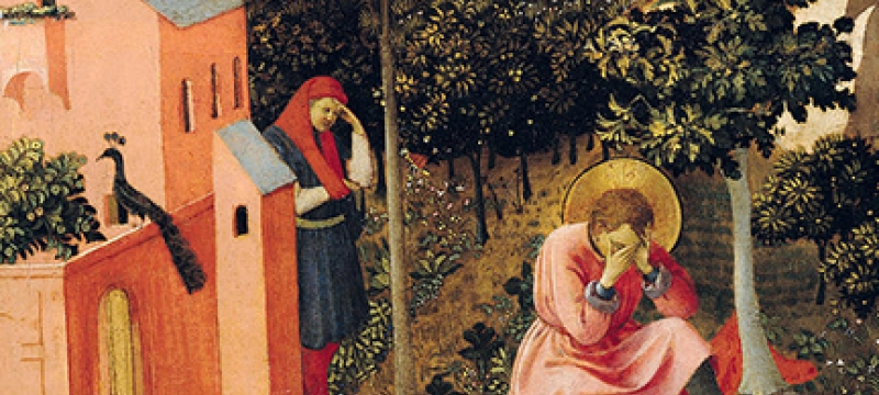 painting of two people and a peacock