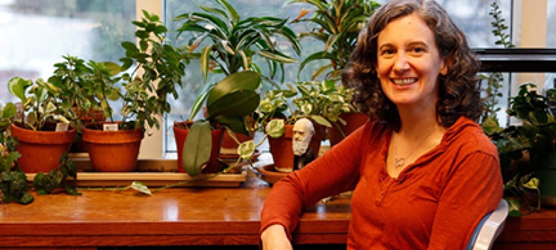 photo of woman in office, seated with window