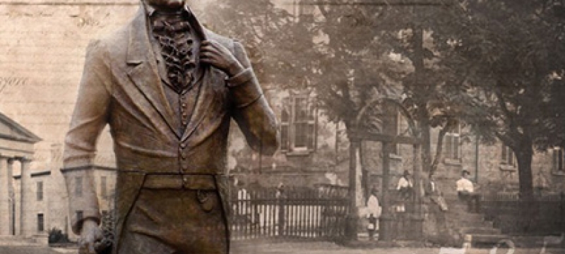 illustration with statue, buildings