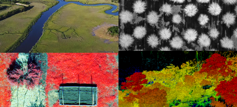 composite of four images, with aerial and infrared photos