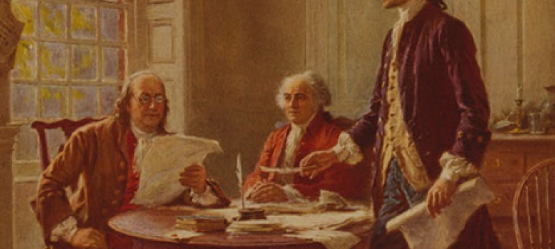 painting of three men at a table, two seated, with papers and window