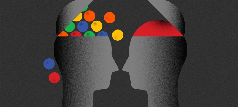 graphic on gray of two heads with open tops