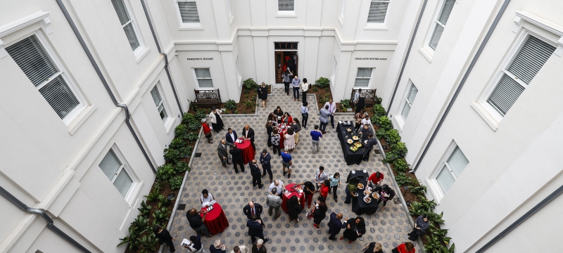 overhead photo of courtyard, with people, day