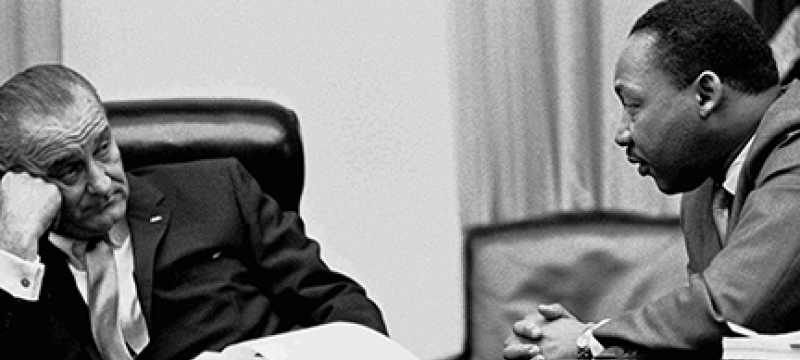 b/w photo of MLK and LBJ