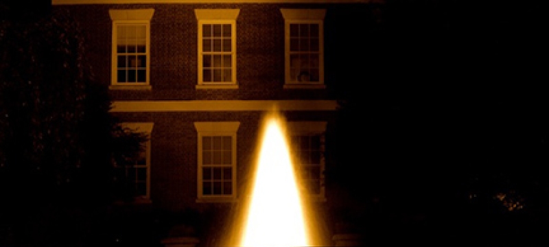 buildings with fountain and light, night