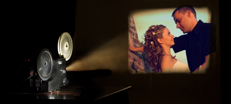 photo of projector and image on screen