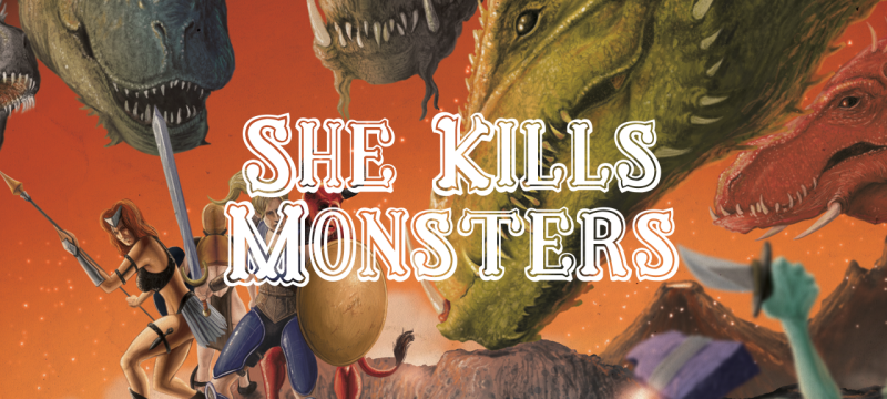 colorful graphic with dragons, swords, and words in white font