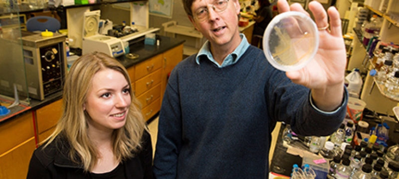 man and student in lab with petri dish