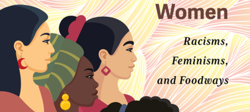 graphic illustration with women, text over flowing lines