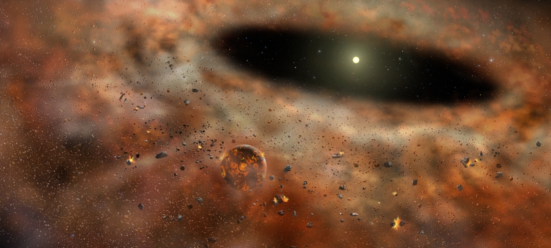 artists rendering of dusty star system, with colors, space, and bright stars