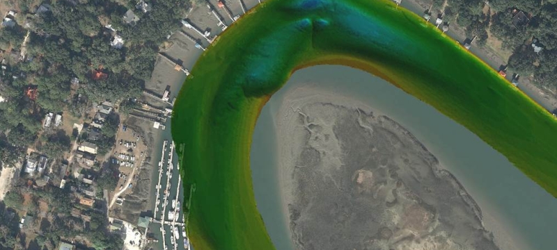 map with river highlighted in green with depth indicators