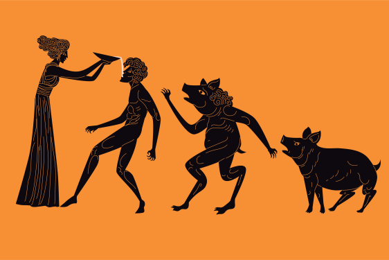 image from Ancient Greece of circe and men and pigs
