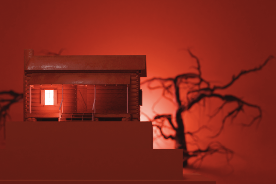 photo of house model bathed in red light, with spooky tree and shadows