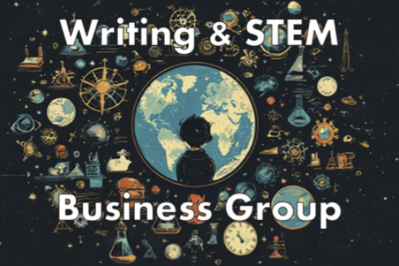 graphic with scientific icons, globe, white text