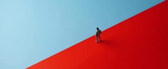 graphic with semaphore color field of blue and red, human figure at center